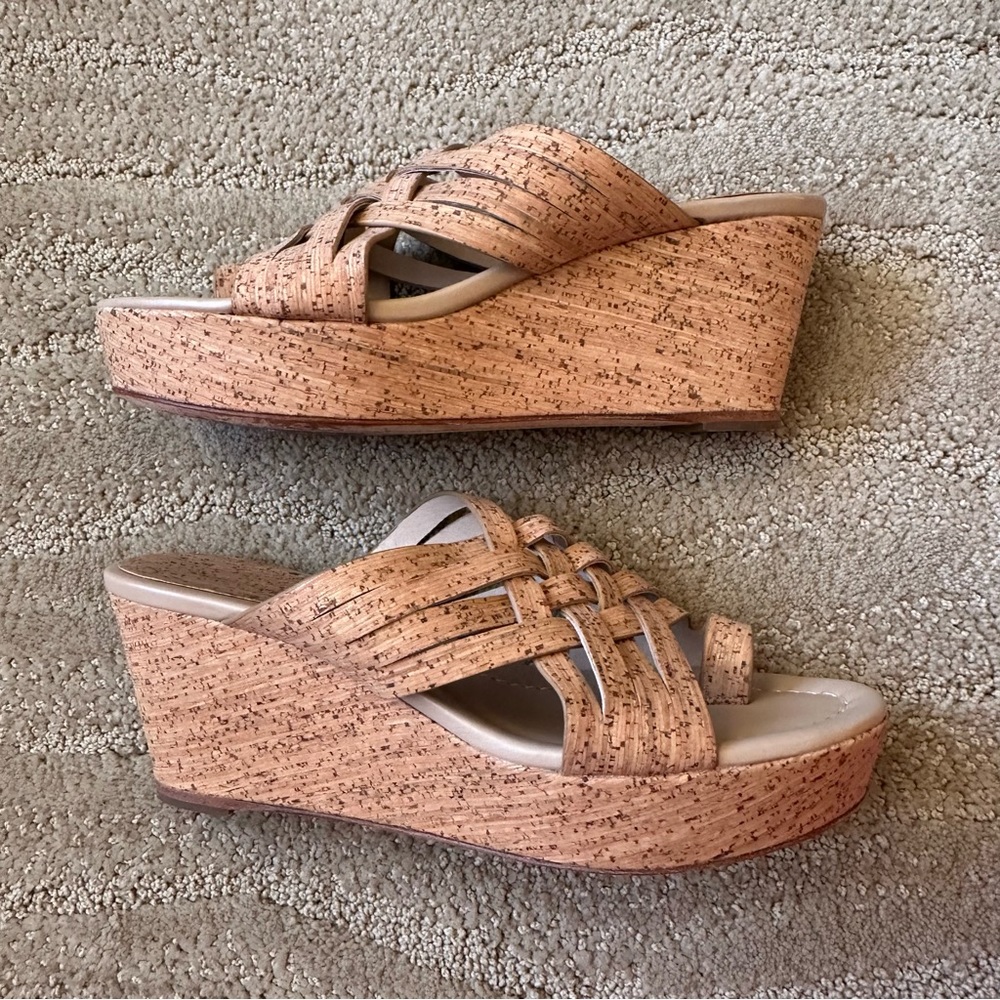 Donald J Pliner Flore Woven Strappy Platform Wedge Cork Slip On Sandals Tan 8.5 - Picture 7 of 16